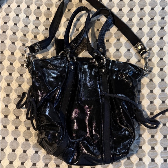 Coach Black Patent Leather Shoulder Bag with Zip Front Pockets - Picture 2 of 3